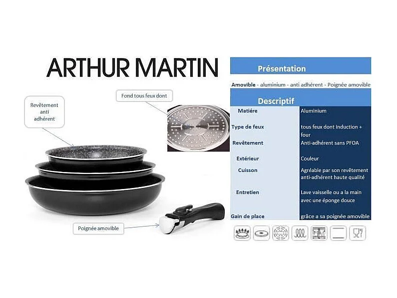 Set de 3 sartenes Arthur Martin 20/24/28 cm antiadherente efecto piedra, mango desmontable, para todo tipo de fuegos incluyendo inducción