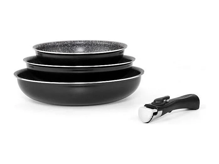 Set de 3 sartenes Arthur Martin 20/24/28 cm antiadherente efecto piedra, mango desmontable, para todo tipo de fuegos incluyendo inducción