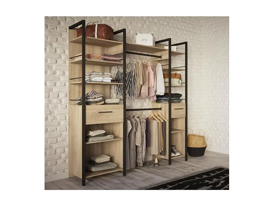 Uitbreidbare kledingkastset RIGA 2 kolommen Kronberg Eik/Mat zwart 179x48x208 cm - Industrieel design, modulair, 2 lades