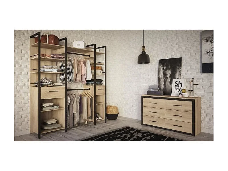 Uitbreidbare kledingkastset RIGA 2 kolommen Kronberg Eik/Mat zwart 179x48x208 cm - Industrieel design, modulair, 2 lades