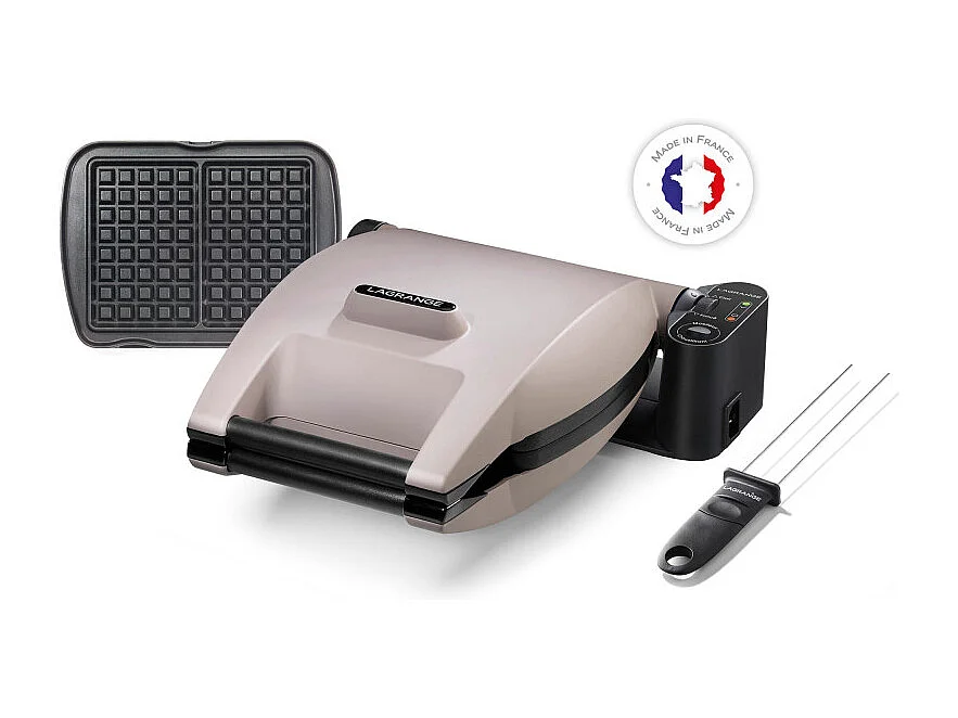 Waffeleisen LAGRANGE 019133 Perlgrau 1200W - Aluminium-Gusseisen-Antihaftplatten, Einstellung Weich/Kross, Waffelspieß Inklusive