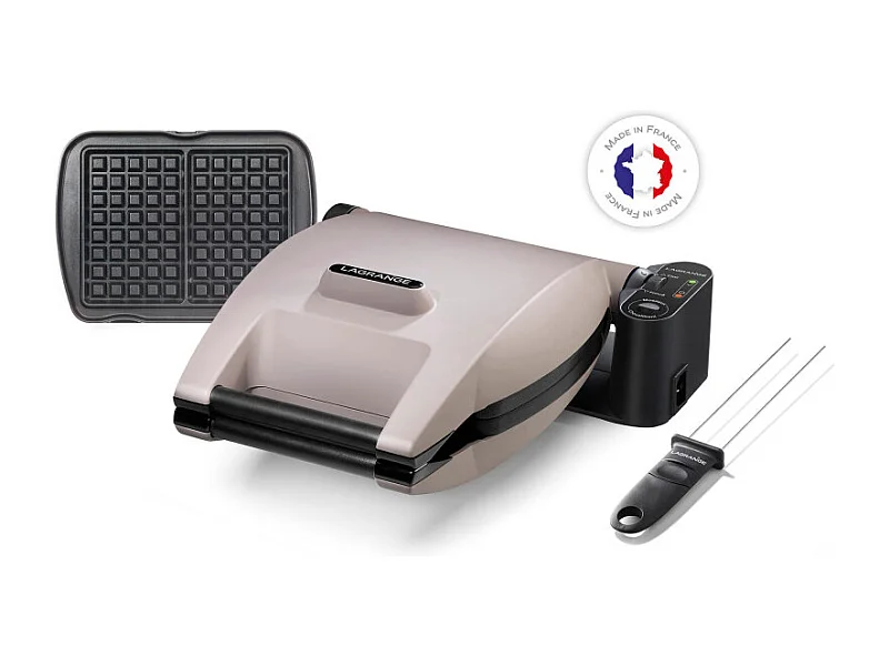 Waffeleisen LAGRANGE 019133 Perlgrau 1200W - Aluminium-Gusseisen-Antihaftplatten, Einstellung Weich/Kross, Waffelspieß Inklusive