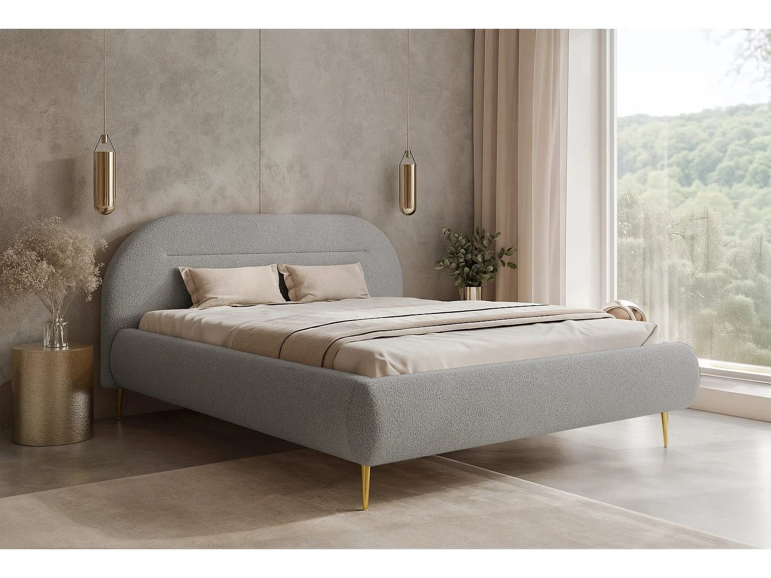 BESILIO Nowoczesne łóżko z pojemnikiem 160x200 Apolline II - łóżko zaokrąglone wezgłowie, miękka tkanina pluszowa, łóżko na wysokich nogach- Jasnoszary