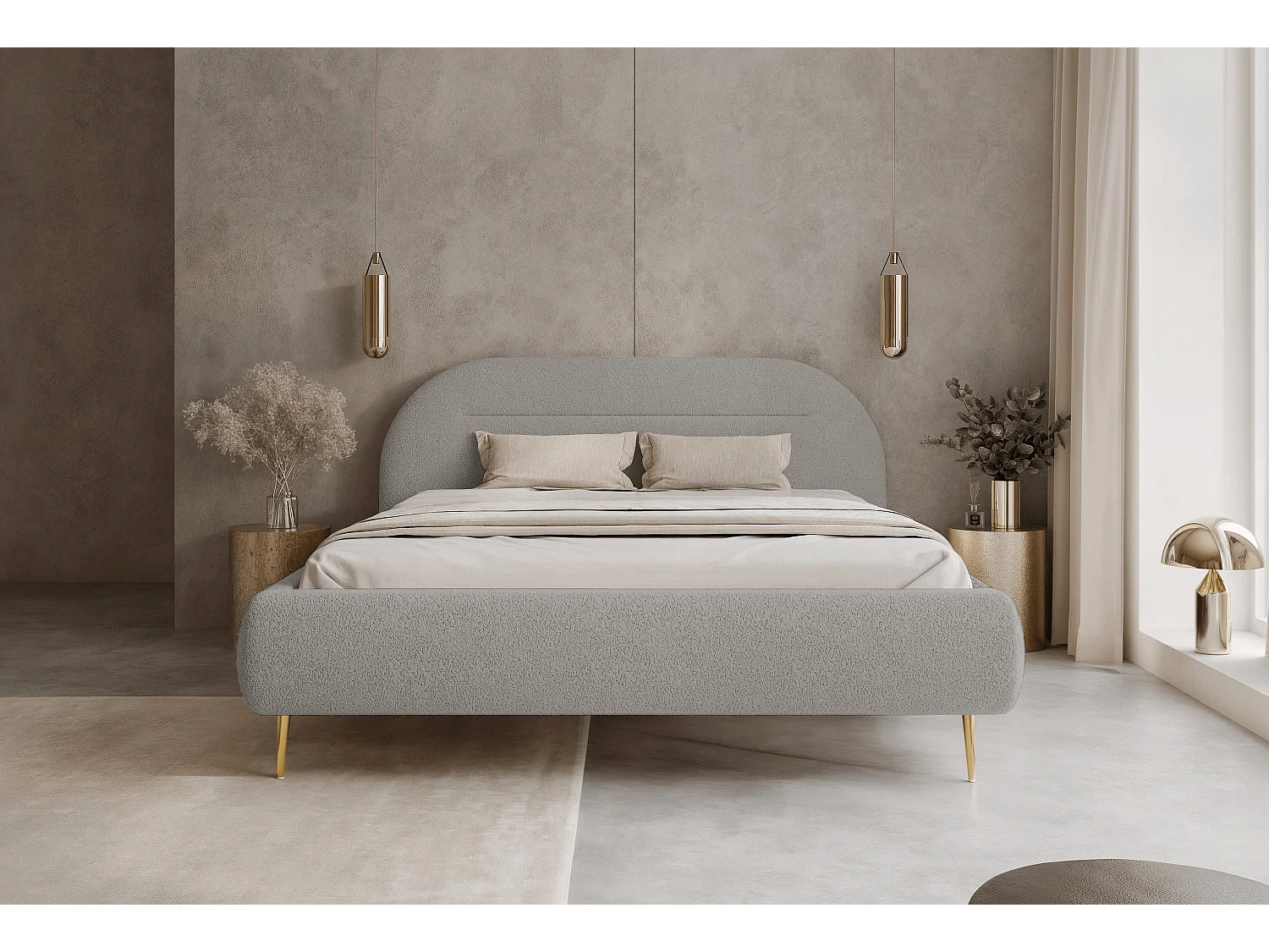 BESILIO Nowoczesne łóżko z pojemnikiem 160x200 Apolline II - łóżko zaokrąglone wezgłowie, miękka tkanina pluszowa, łóżko na wysokich nogach- Jasnoszary