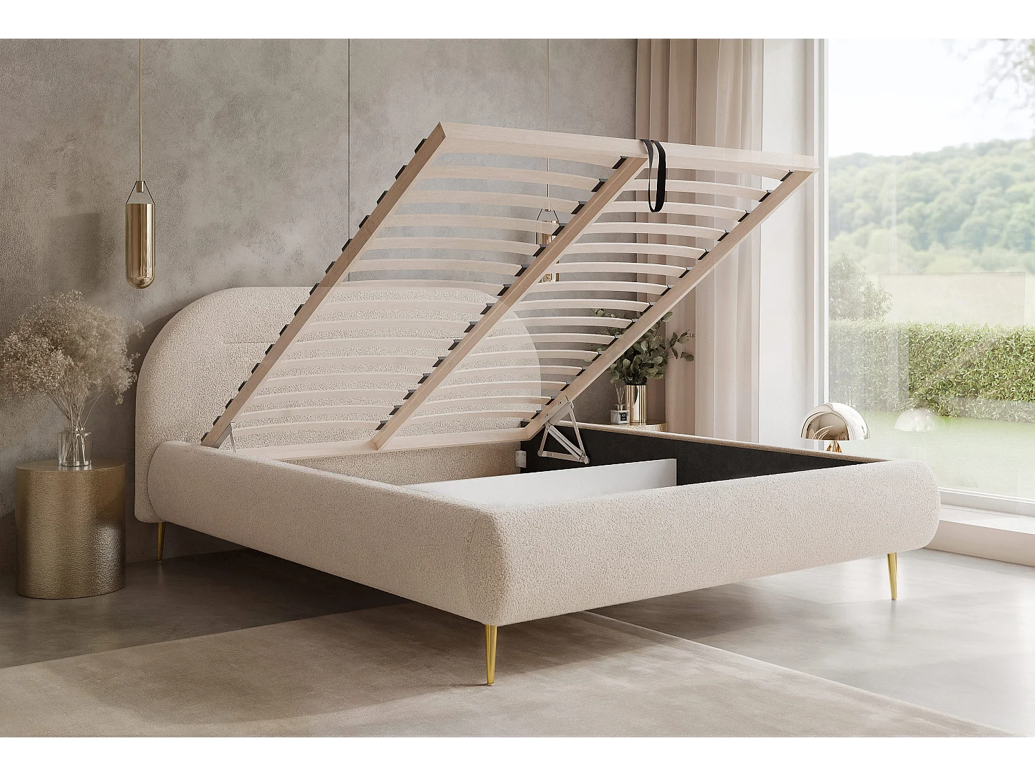 BESILIO Nowoczesne łóżko z pojemnikiem 160x200 Apolline II - łóżko zaokrąglone wezgłowie, miękka tkanina pluszowa, łóżko na wysokich nogach- Kremowy