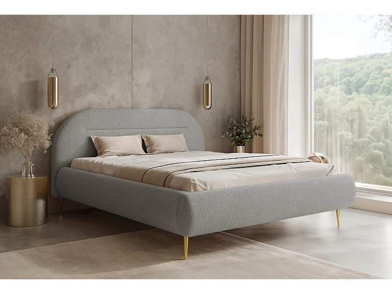 BESILIO Lit moderne avec coffre de rangement 180x200 Apolline II – tête de lit arrondie, tissu doux et moelleux, pieds hauts – Crème