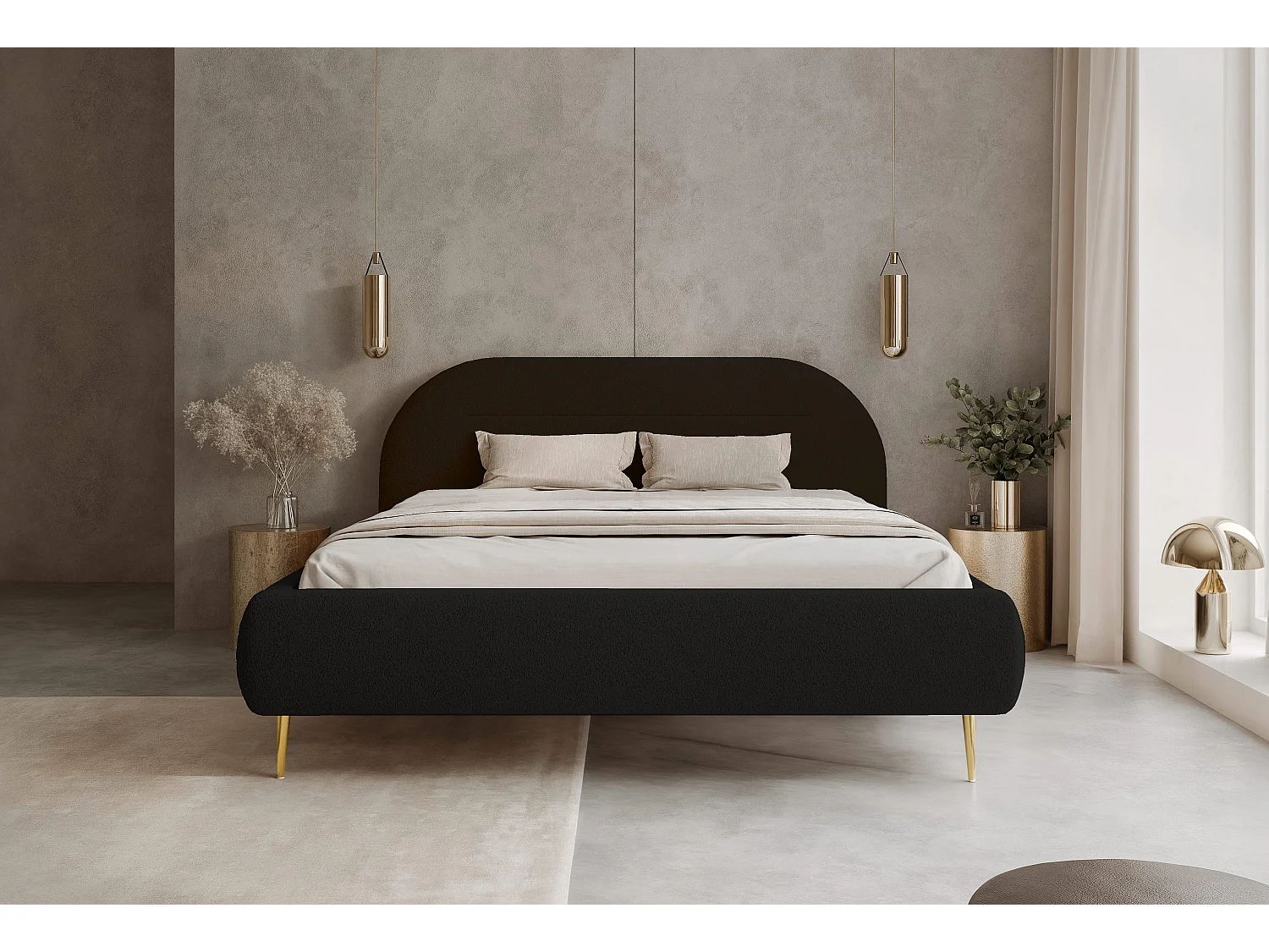 BESILIO Nowoczesne łóżko z pojemnikiem 200x200 Apolline II - łóżko zaokrąglone wezgłowie, miękka tkanina pluszowa, łóżko na wysokich nogach- Czarny