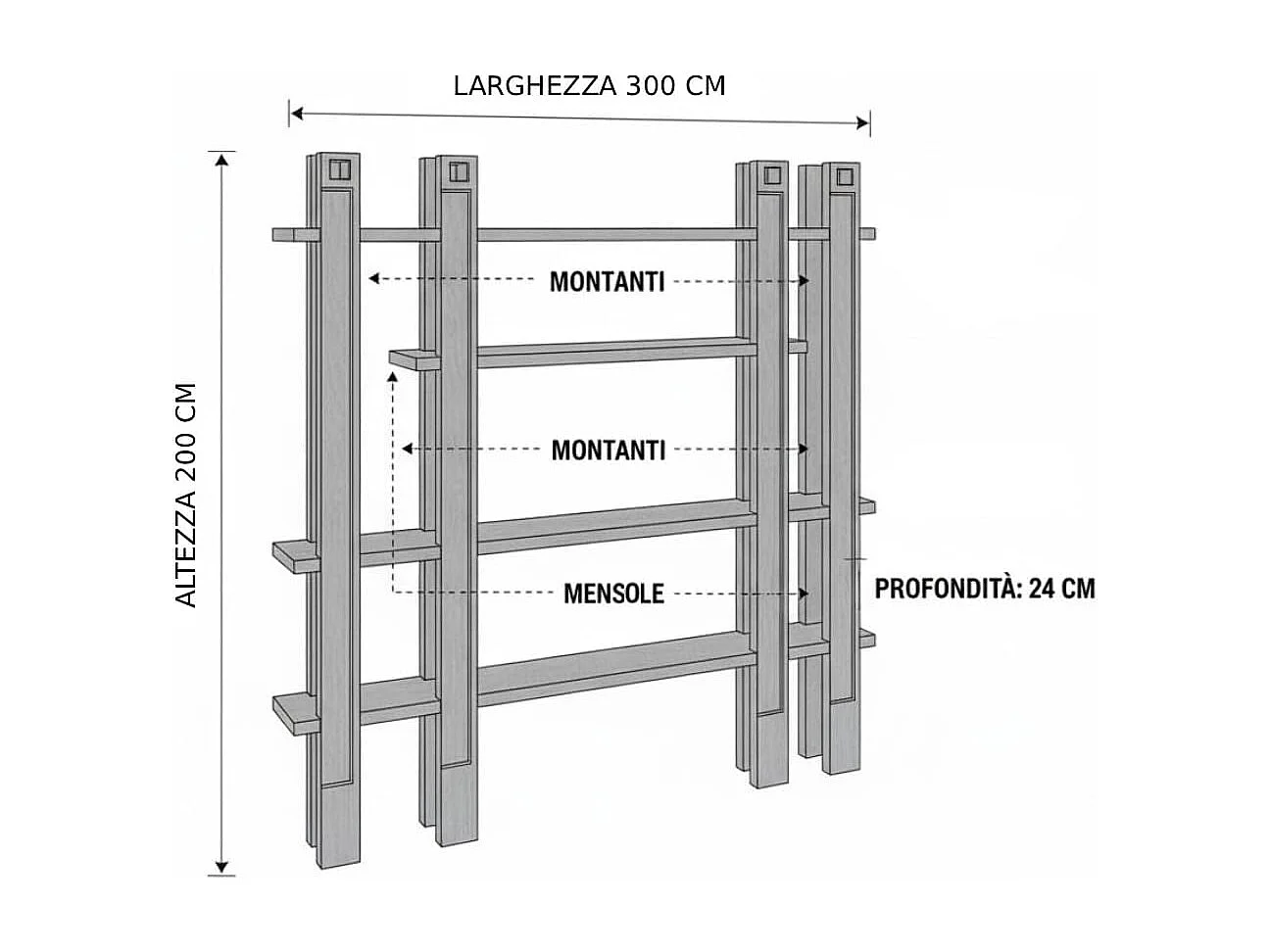 Mobile TV/Libreria in Legno Massello Design Italiano â€“ 4 Ripiani Modulari
