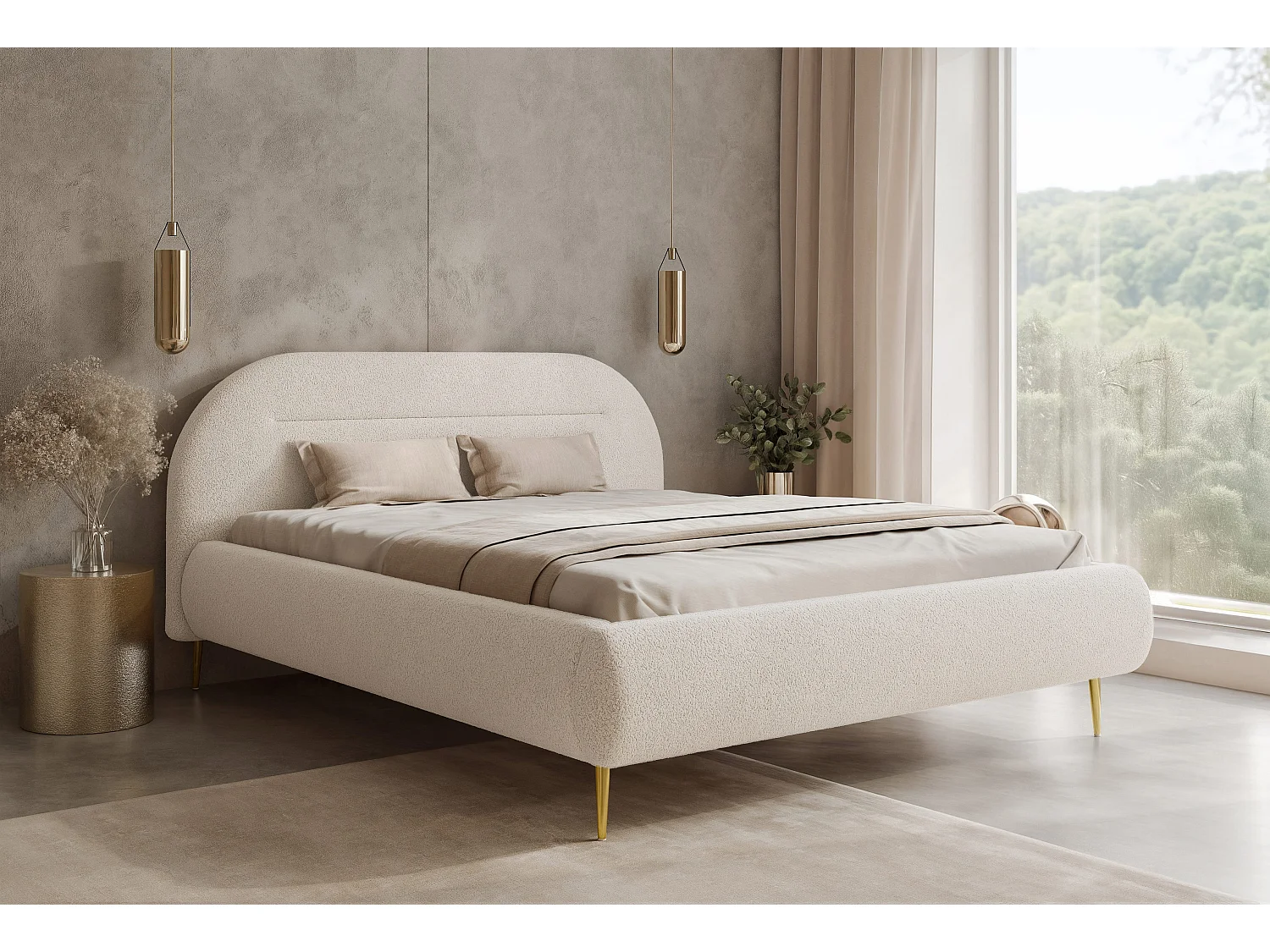 BESILIO Nowoczesne łóżko z pojemnikiem 120x200 Apolline II - łóżko zaokrąglone wezgłowie, miękka tkanina pluszowa, łóżko na wysokich nogach- Kremowy
