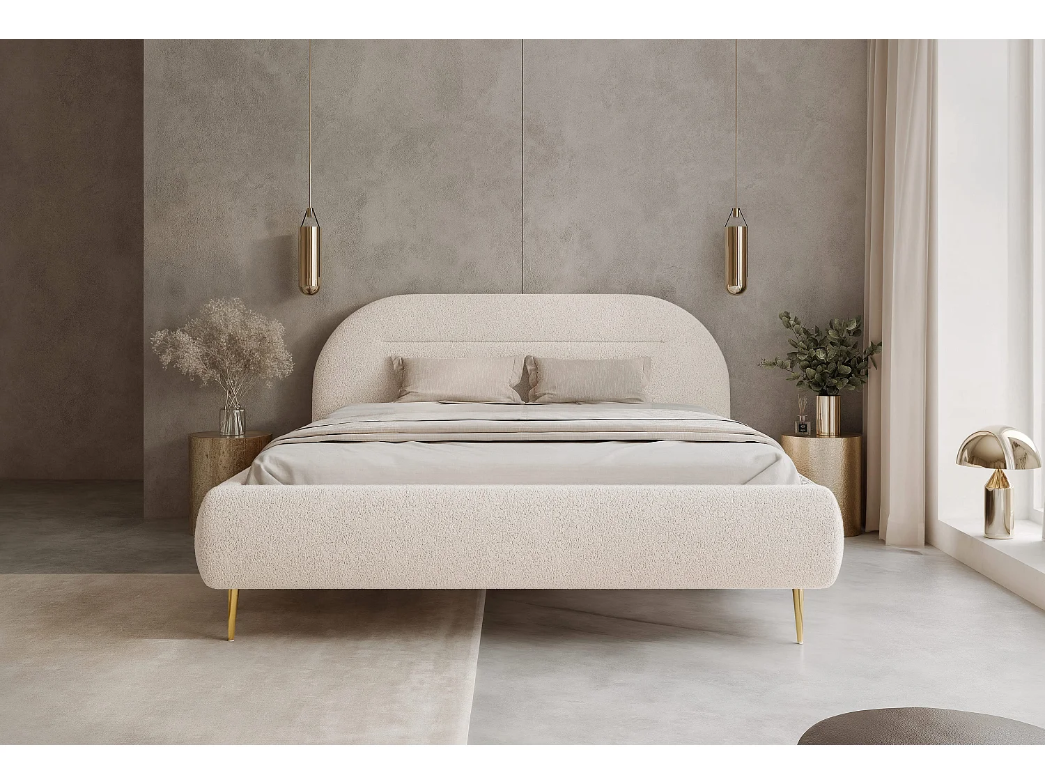 BESILIO Nowoczesne łóżko z pojemnikiem 200x200 Apolline II - łóżko zaokrąglone wezgłowie, miękka tkanina pluszowa, łóżko na wysokich nogach- Kremowy