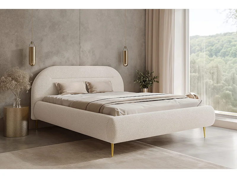 BESILIO Lit moderne avec coffre de rangement 200x200 Apolline II – tête de lit arrondie, tissu doux et moelleux, pieds hauts – Crème