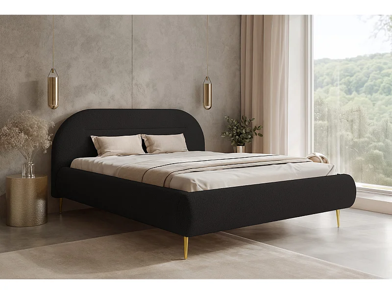 BESILIO Lit moderne avec coffre de rangement 140x200 Apolline II – tête de lit arrondie, tissu doux et moelleux, pieds hauts – Crème