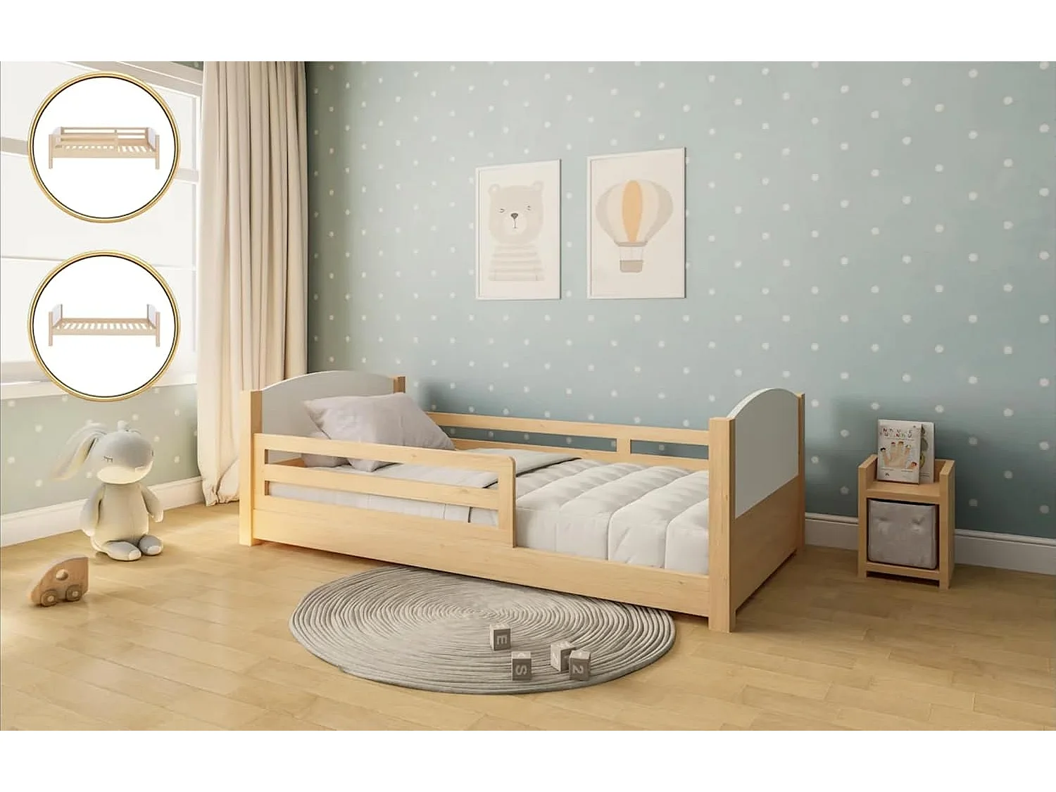 Lit Enfant évolutif 3 en 1 en Bois – de 18 Mois à 8 Ans et Plus – Hauteur du sommier Ajustable – barrières Amovibles – Astucieux et ECONOMIQUE – Design Bois Naturel