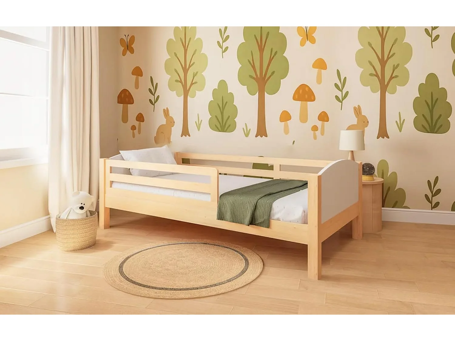 Lit Enfant évolutif 3 en 1 en Bois – de 18 Mois à 8 Ans et Plus – Hauteur du sommier Ajustable – barrières Amovibles – Astucieux et ECONOMIQUE – Design Bois Naturel