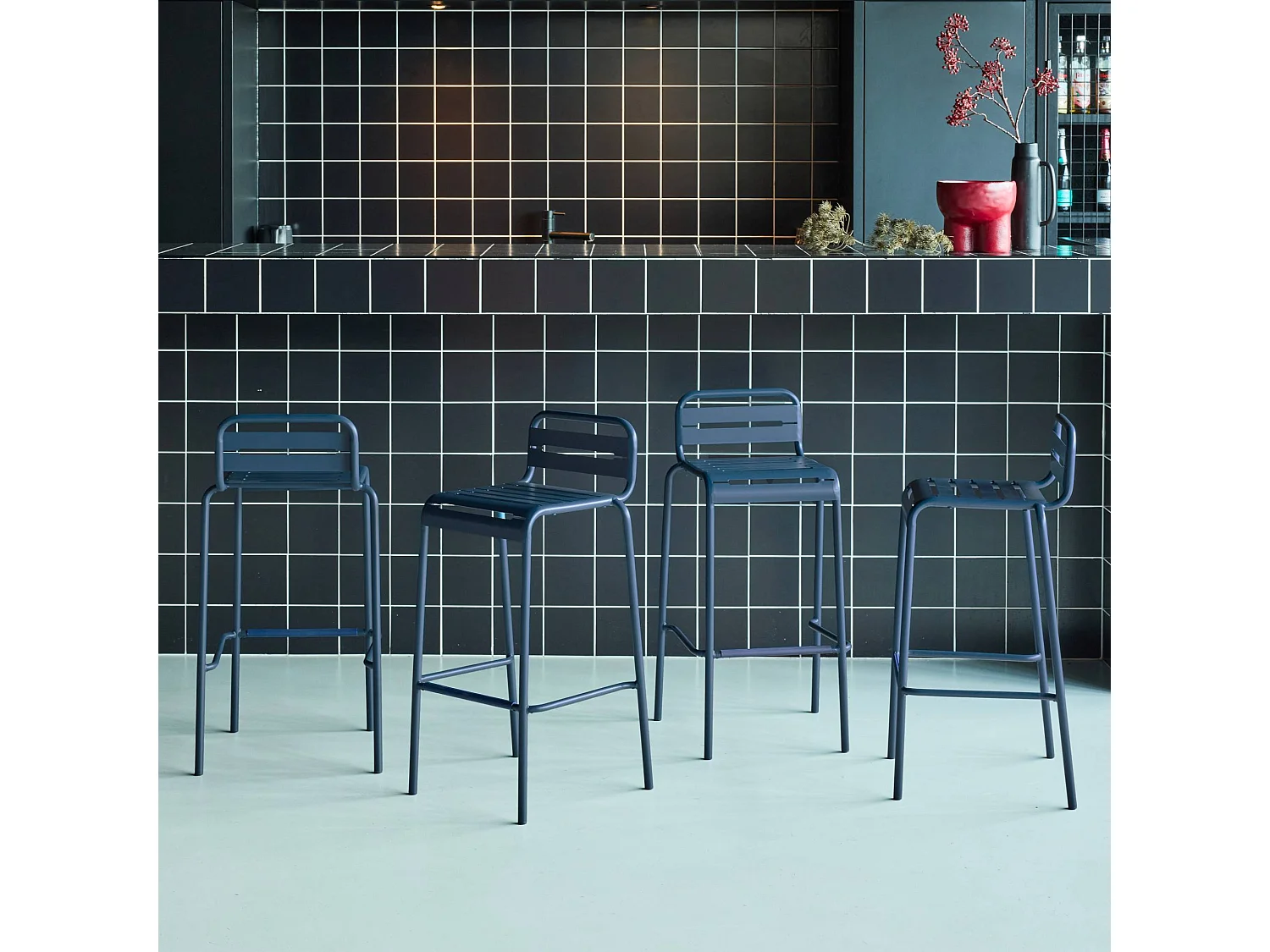 set 4 sedie alte bistrot in acciaio, blu navy