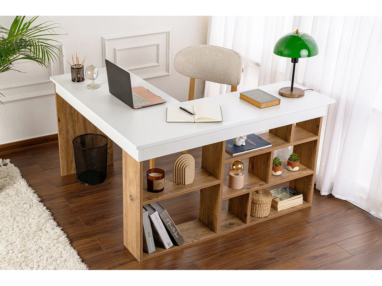 Vesper hoekbureau van Atlantisch wit dennenhout 130x120x72 cm met 8 functionele planken