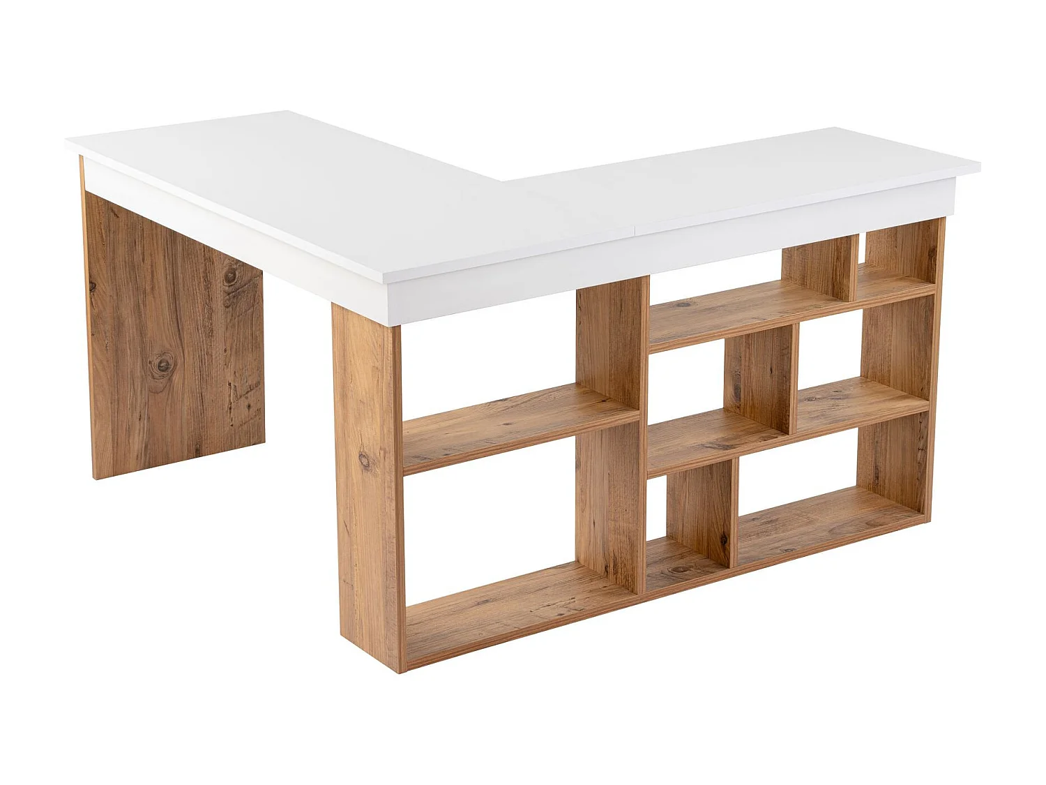 Vesper hoekbureau van Atlantisch wit dennenhout 130x120x72 cm met 8 functionele planken