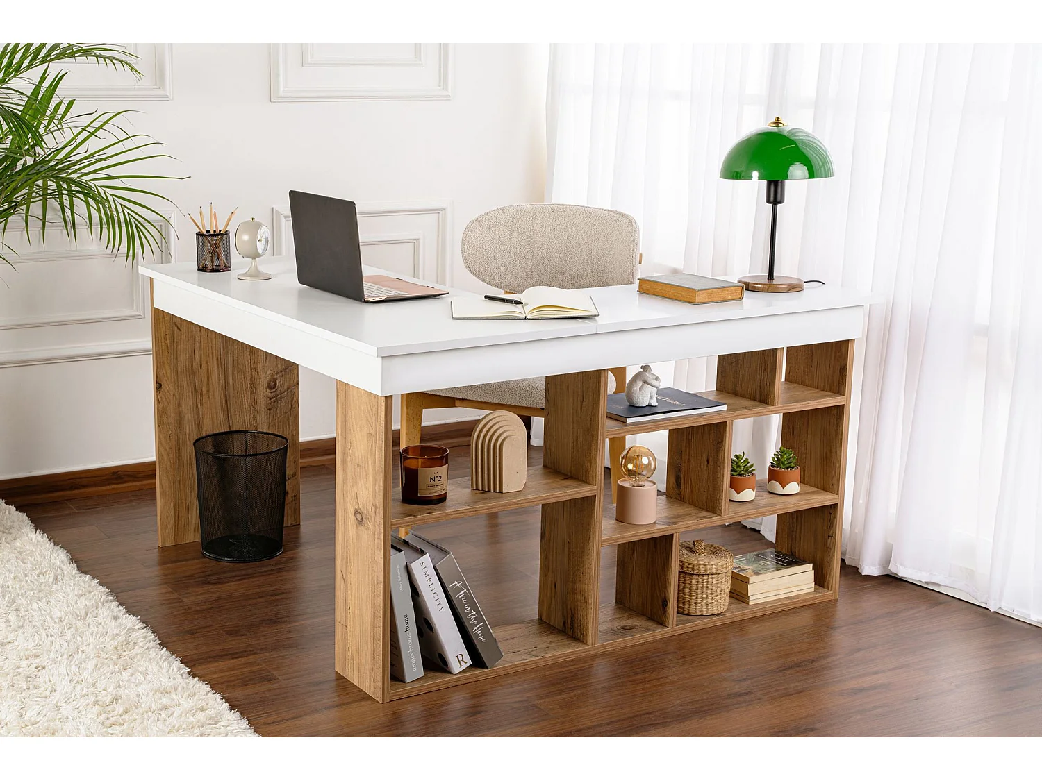 Vesper hoekbureau van Atlantisch wit dennenhout 130x120x72 cm met 8 functionele planken