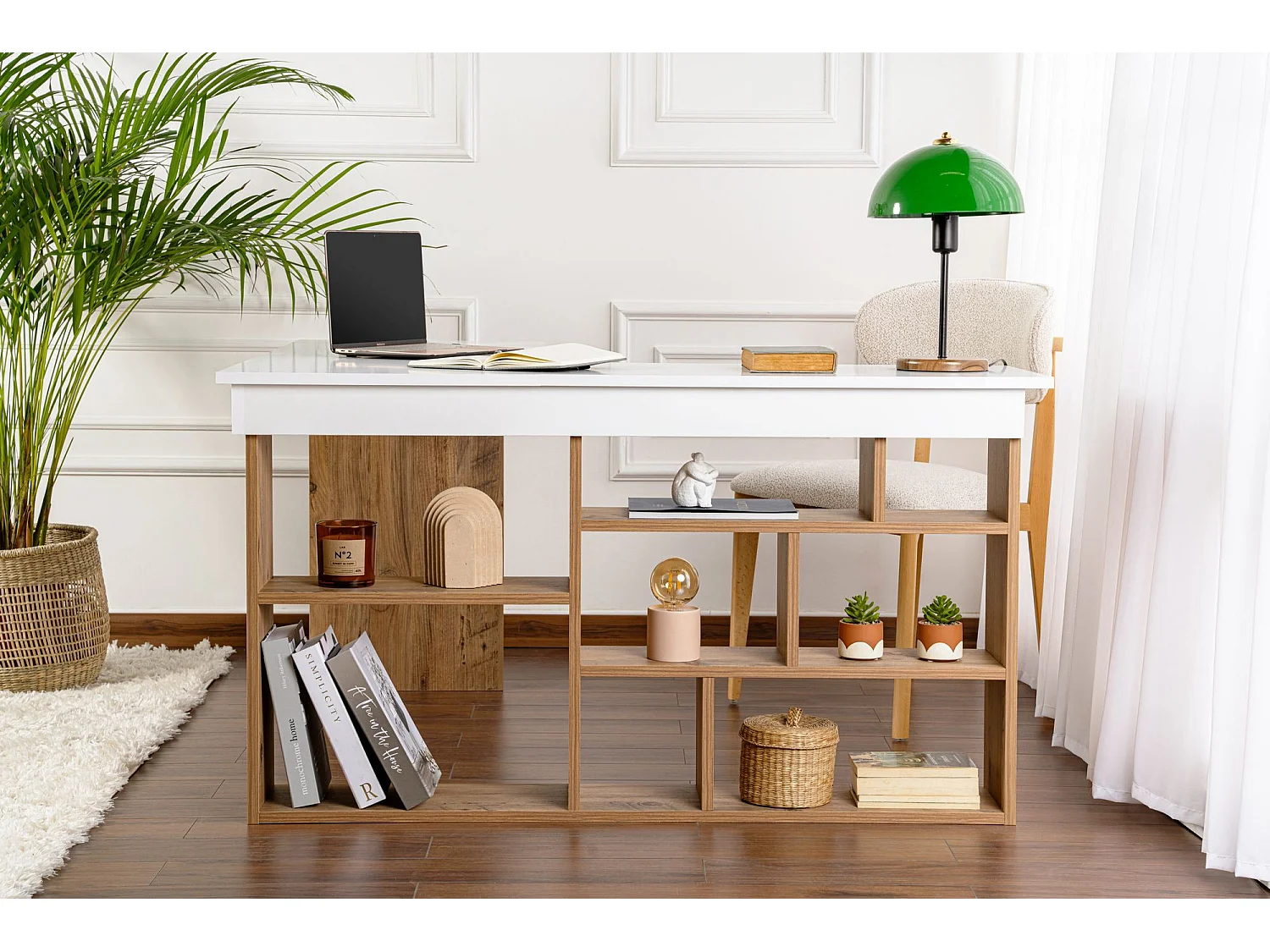 Vesper hoekbureau van Atlantisch wit dennenhout 130x120x72 cm met 8 functionele planken