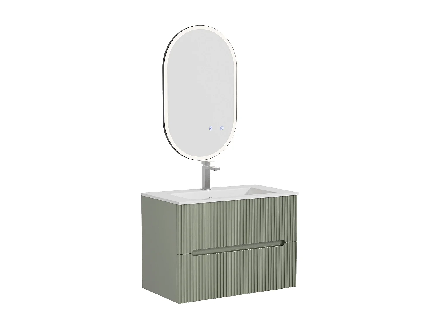 Meuble de salle de bain suspendu avec vasque à encastrer, robinet et miroir - Strié vert- 80 cm - PAVANI
