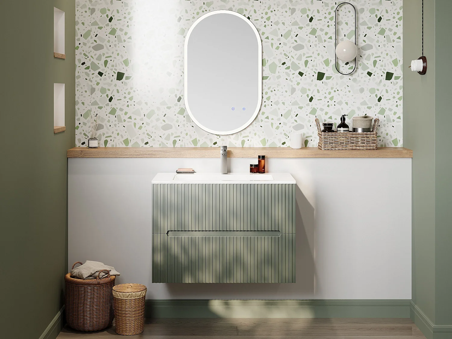 Meuble de salle de bain suspendu avec vasque à encastrer, robinet et miroir - Strié vert- 80 cm - PAVANI