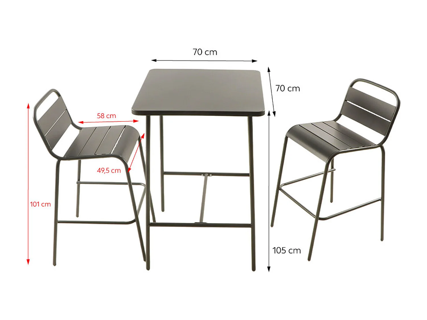 Ensemble table de bar et 2 chaises hautes d'extérieur gris foncé BERGAME