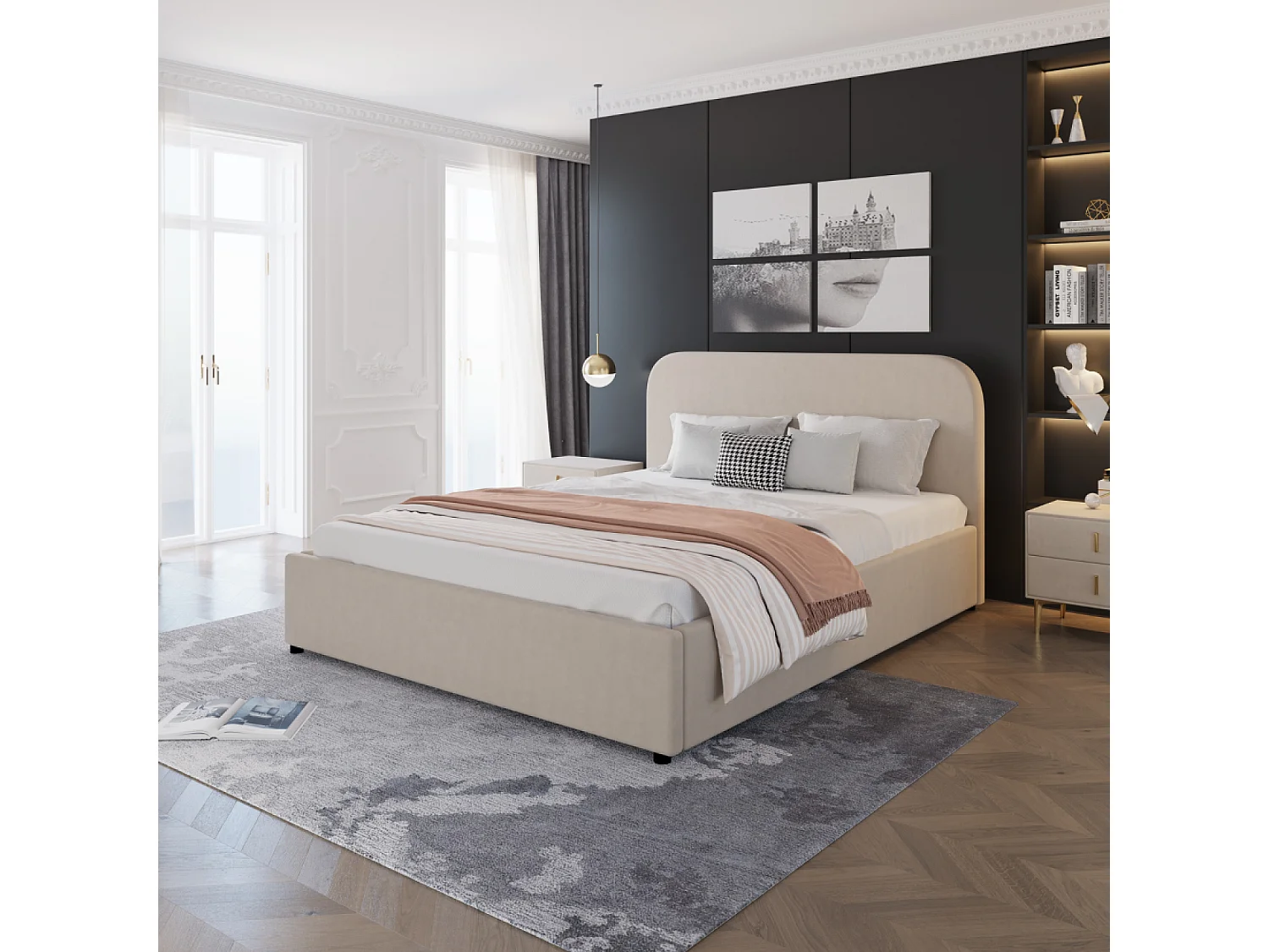 Lit avec coffre de rangement 140x190cm velours beige HOUSTON