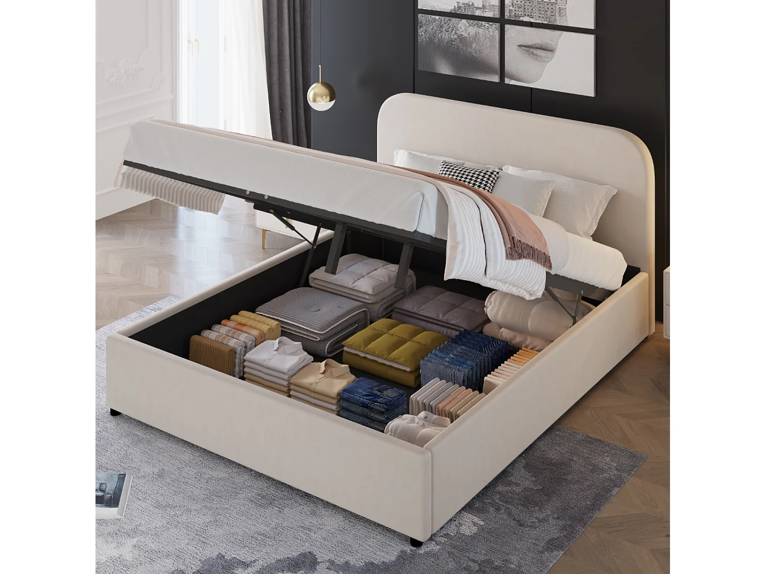 Lit avec coffre de rangement 140x190cm velours beige HOUSTON