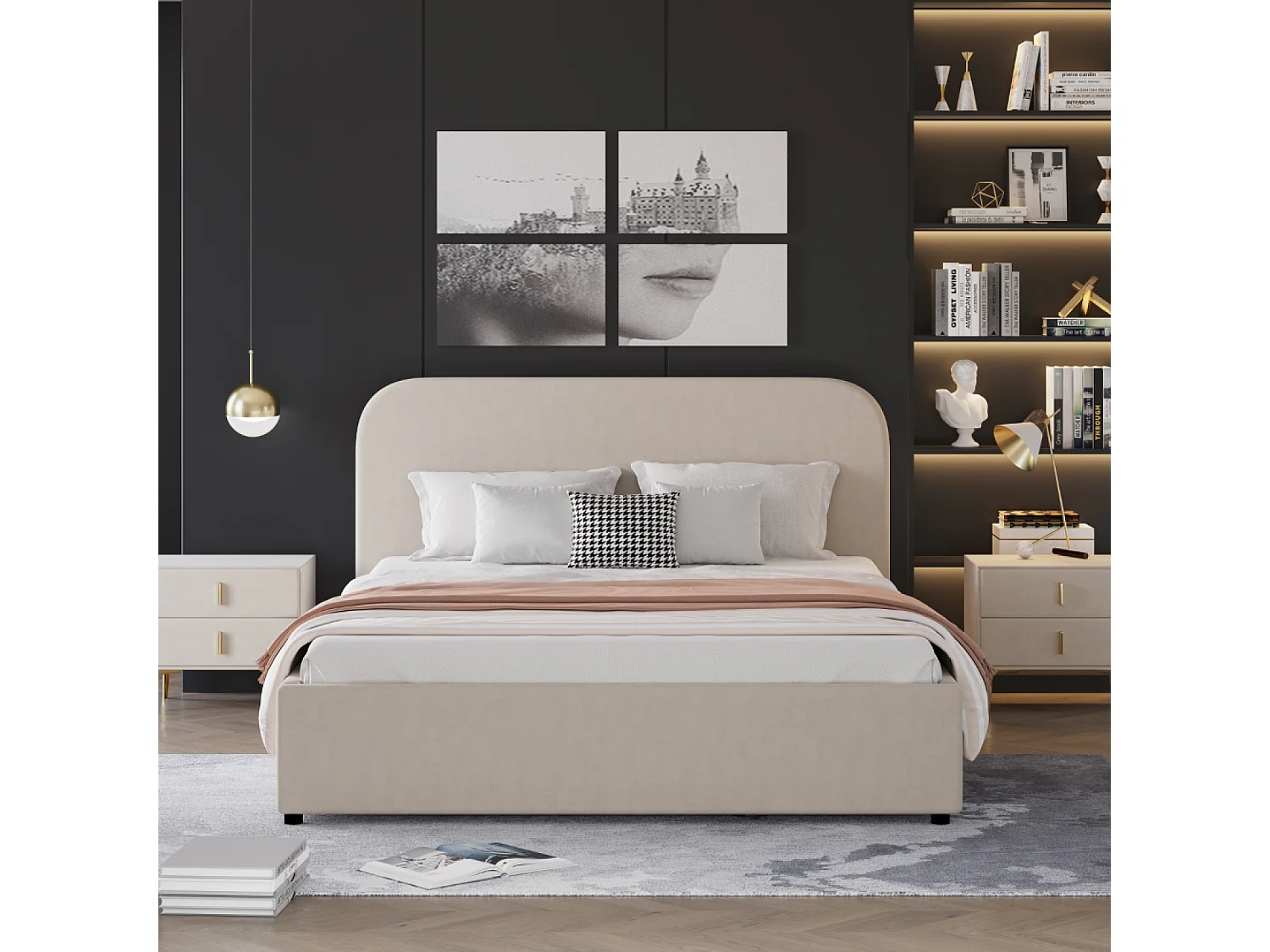 Lit avec coffre de rangement 140x190cm velours beige HOUSTON