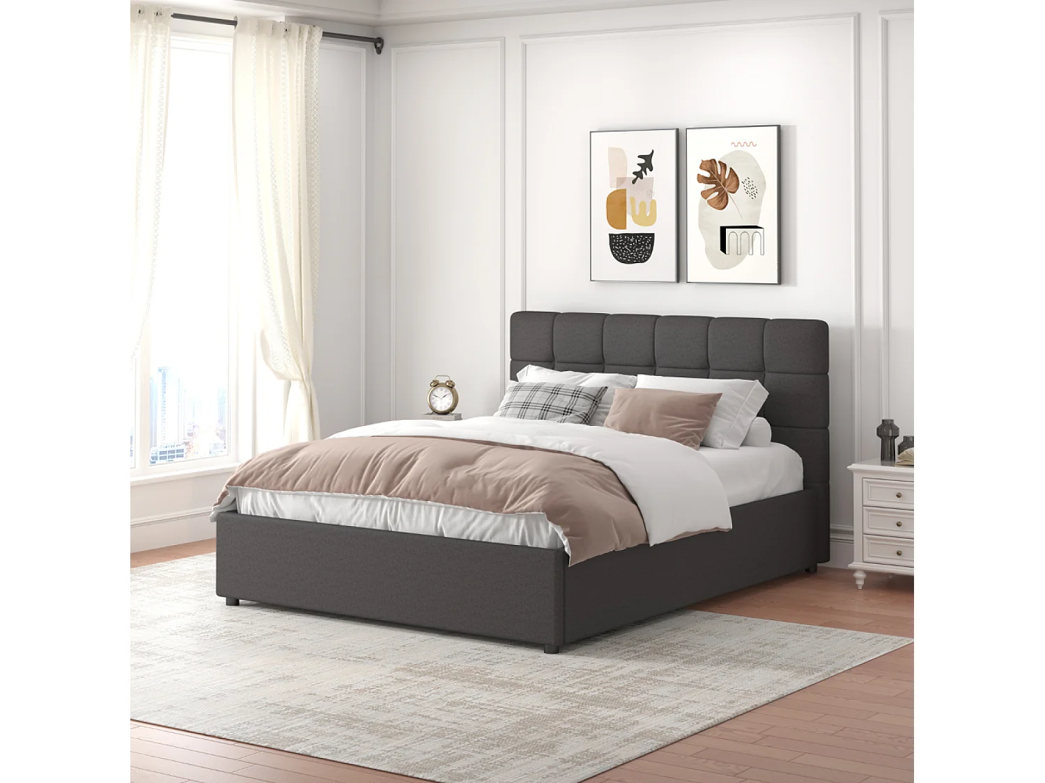 Lit avec coffre de rangement 140x190cm velours gris foncé SANTA