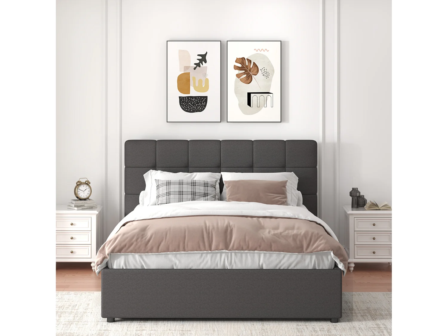 Lit avec coffre de rangement 140x190cm velours gris foncé SANTA