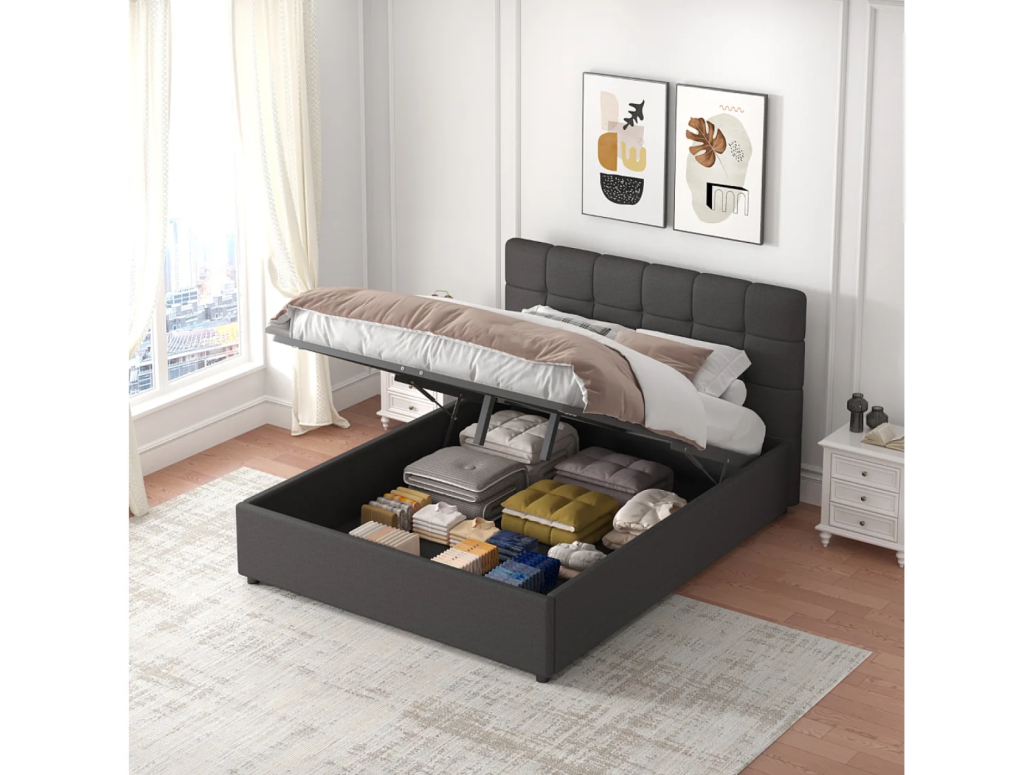 Lit avec coffre de rangement 140x190cm velours gris foncé SANTA