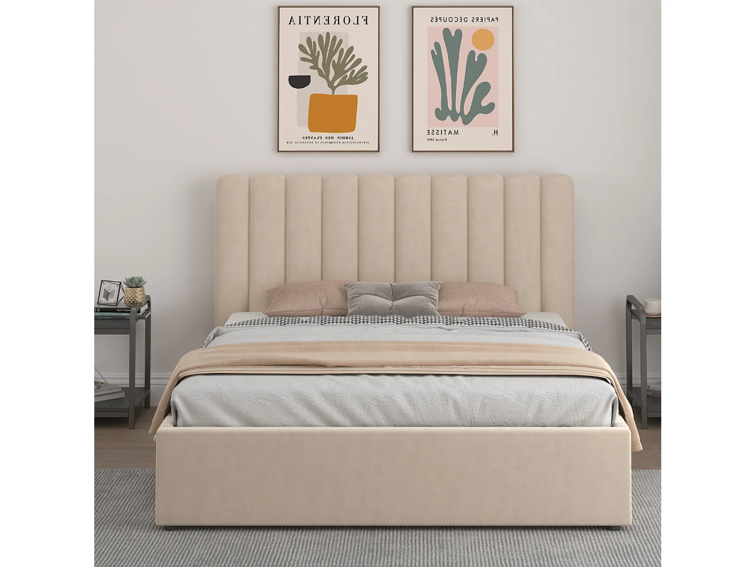 Lit avec coffre de rangement 140x190cm velours beige SAVANNAH