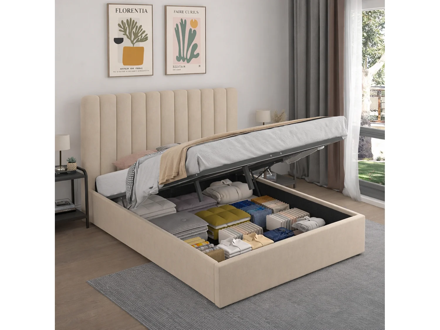 Lit avec coffre de rangement 140x190cm velours beige SAVANNAH