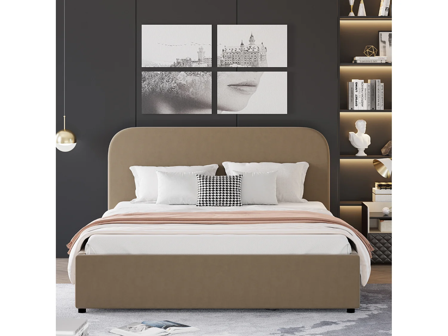 Lit avec coffre de rangement 140x190cm velours taupe HOUSTON