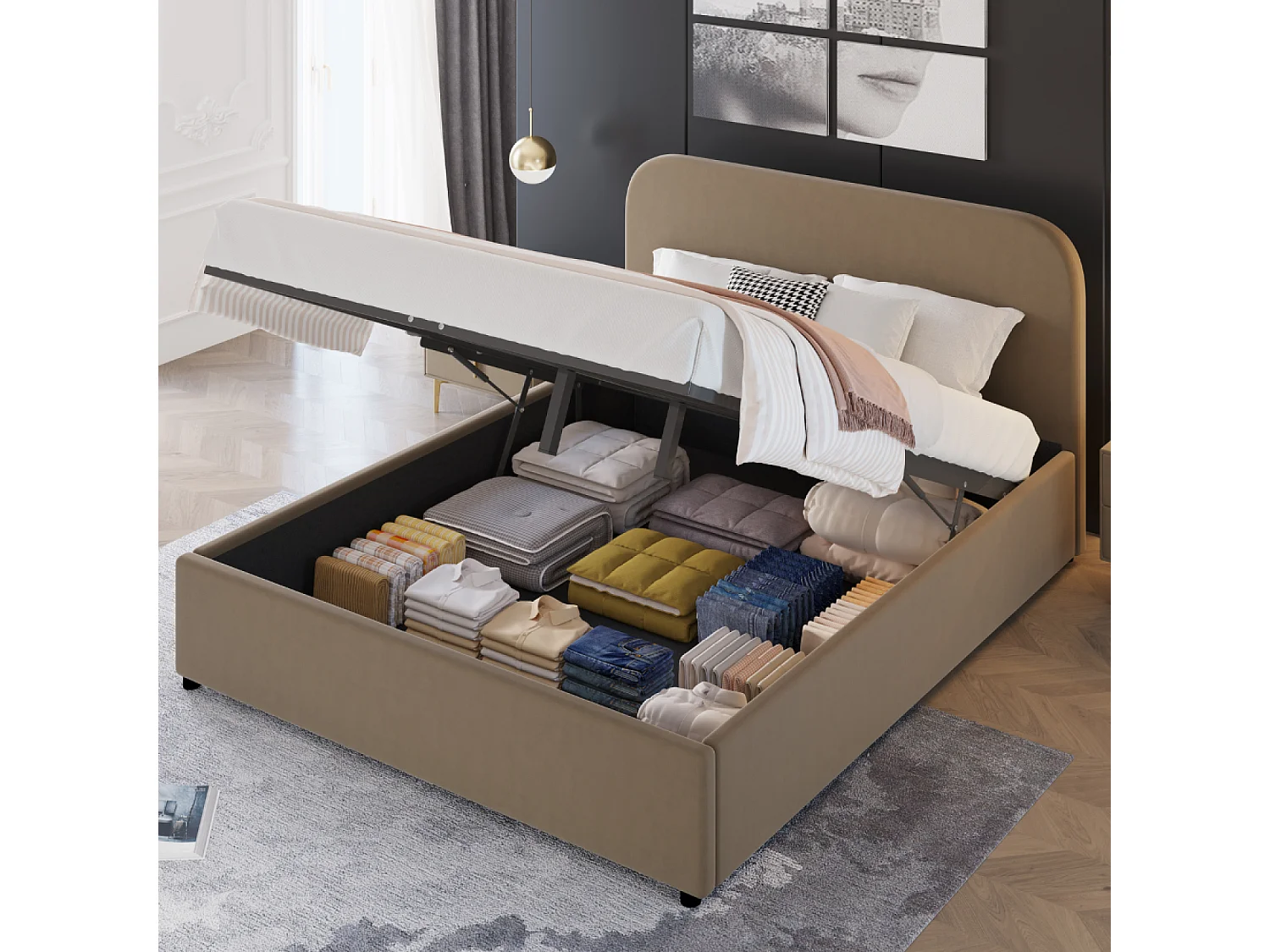 Lit avec coffre de rangement 140x190cm velours taupe HOUSTON