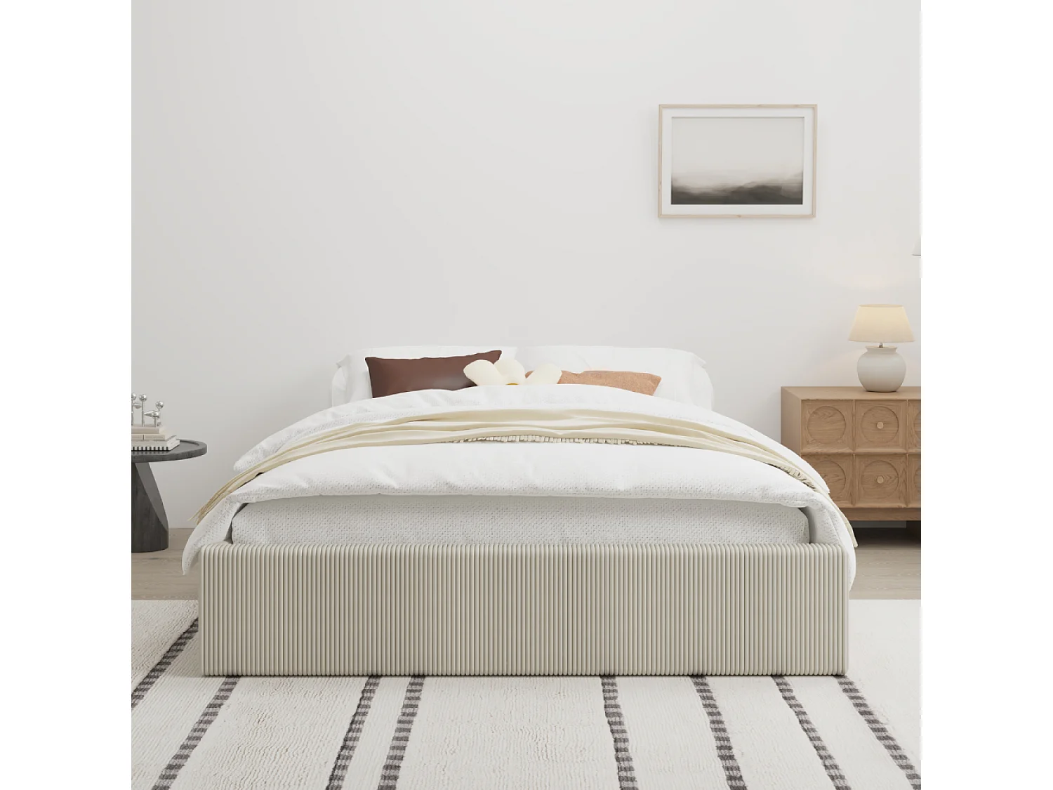 Lit avec coffre de rangement 140x190cm velours côtelé beige AUSTIN