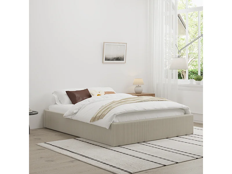 Lit avec coffre de rangement 140x190cm velours côtelé beige AUSTIN