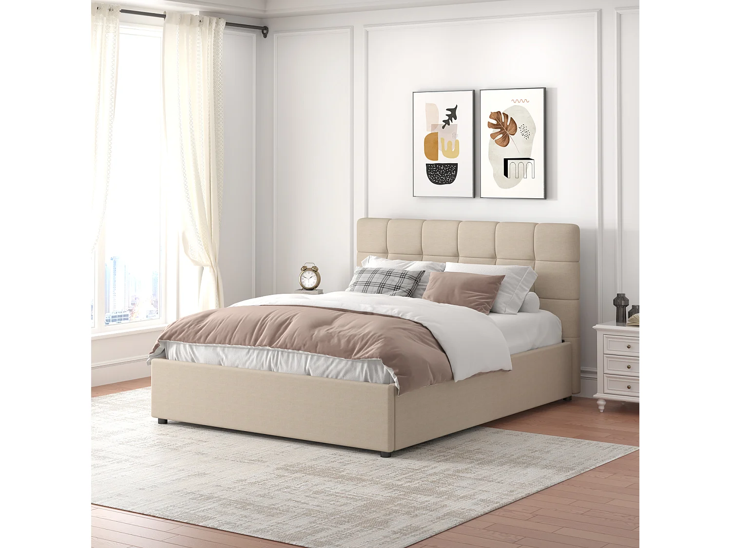 Lit avec coffre de rangement 140x190cm velours beige SANTA