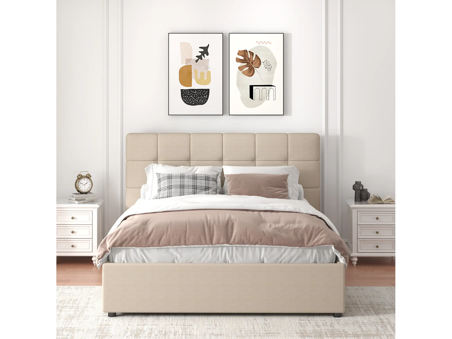 Lit avec coffre de rangement 140x190cm velours beige SANTA