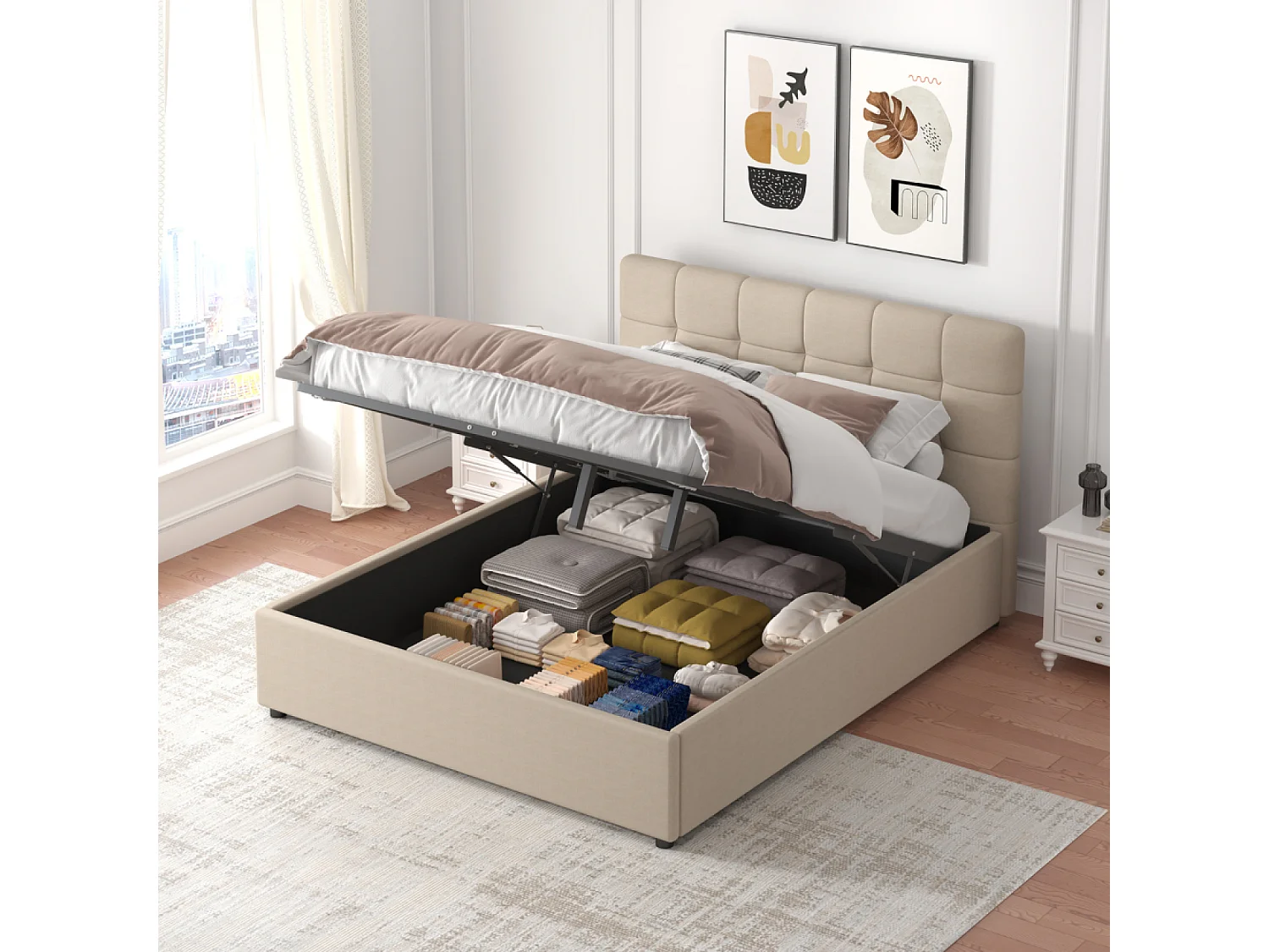 Lit avec coffre de rangement 140x190cm velours beige SANTA