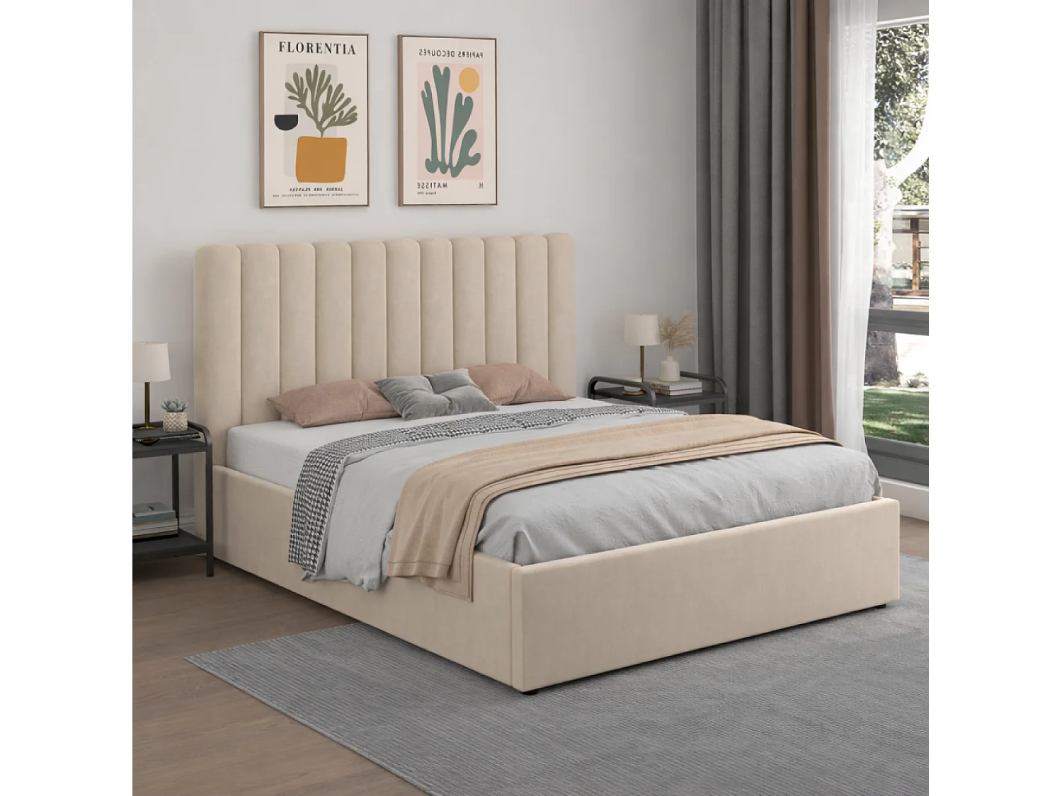 Lit avec coffre de rangement 160x200cm velours beige SAVANNAH