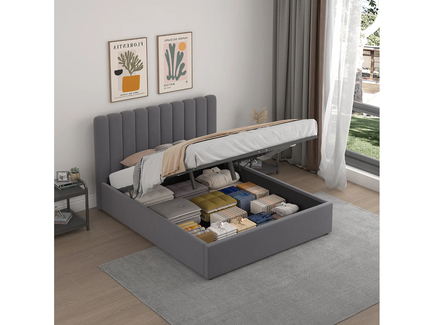 Lit avec coffre de rangement 140x190cm velours gris foncé SAVANNAH