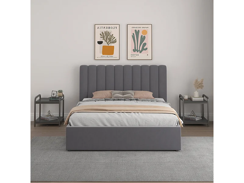 Lit avec coffre de rangement 140x190cm velours gris foncé SAVANNAH