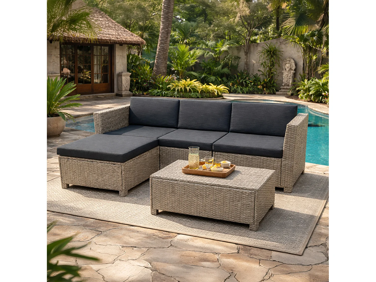 Salon de jardin 4 places en résine tressée gris et noir BALLENY