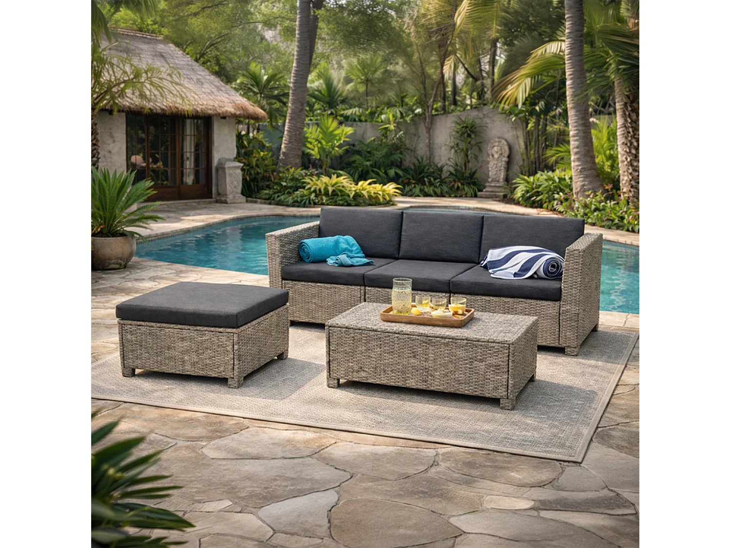 Salon de jardin 4 places en résine tressée gris et noir BALLENY