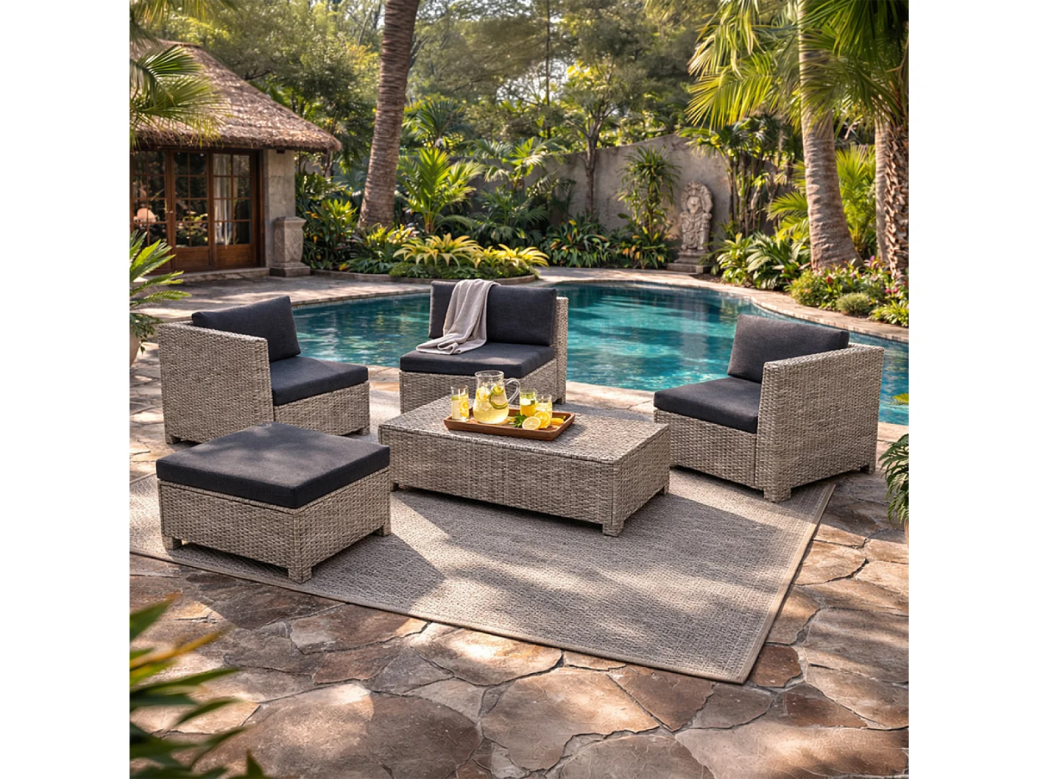 Salon de jardin 4 places en résine tressée gris et noir BALLENY