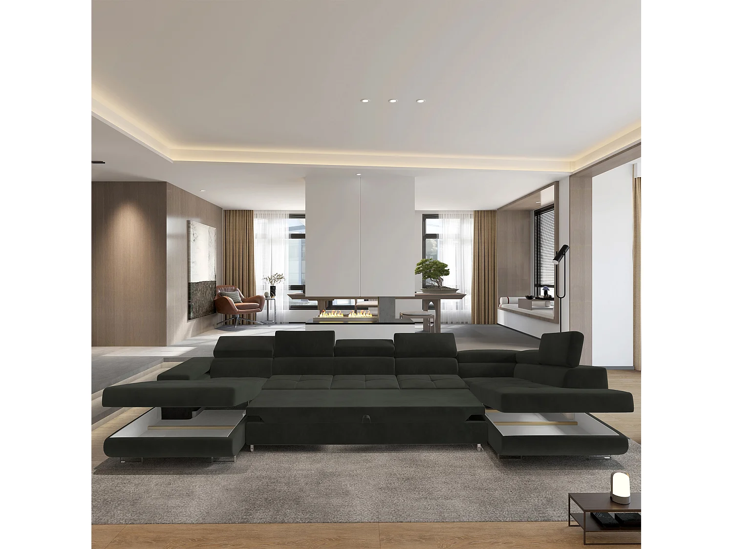 Canapé D'angle Toriva Noir En Velours Avec Fonction De Couchage