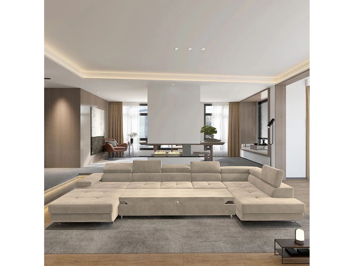 Canapé D'angle Toriva Crème En Velours Avec Fonction De Couchage