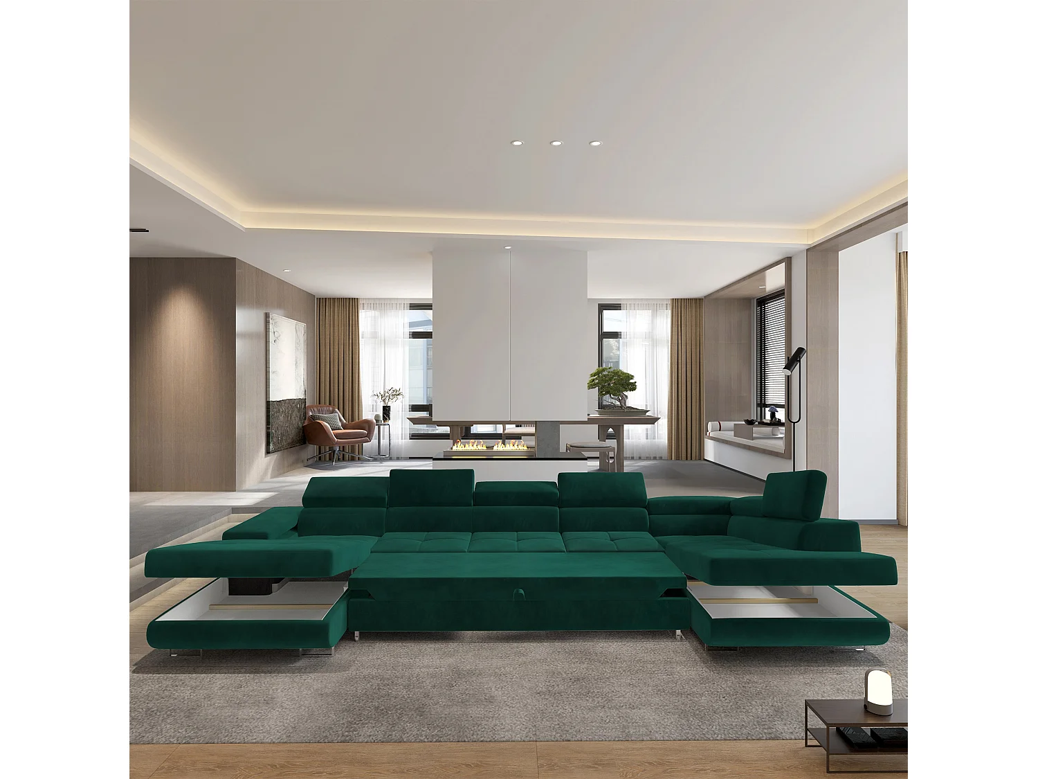 Canapé D'angle Toriva Vert Sapin En Velours Avec Fonction De Couchage